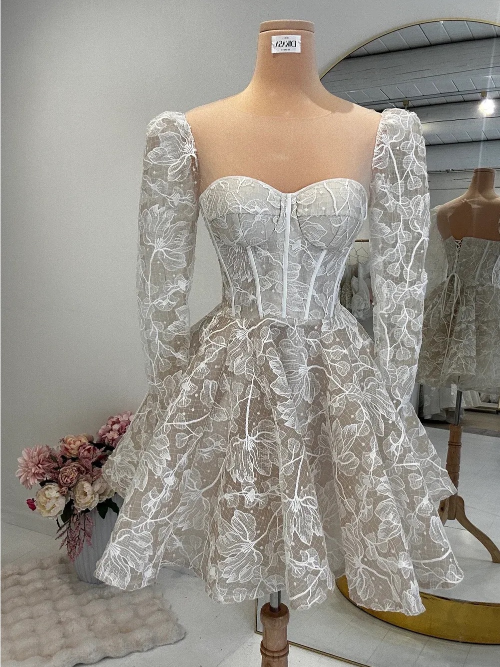 Dikasa Couture Prairie Gown White Lace Long-Sleeve Corset Mini Dress